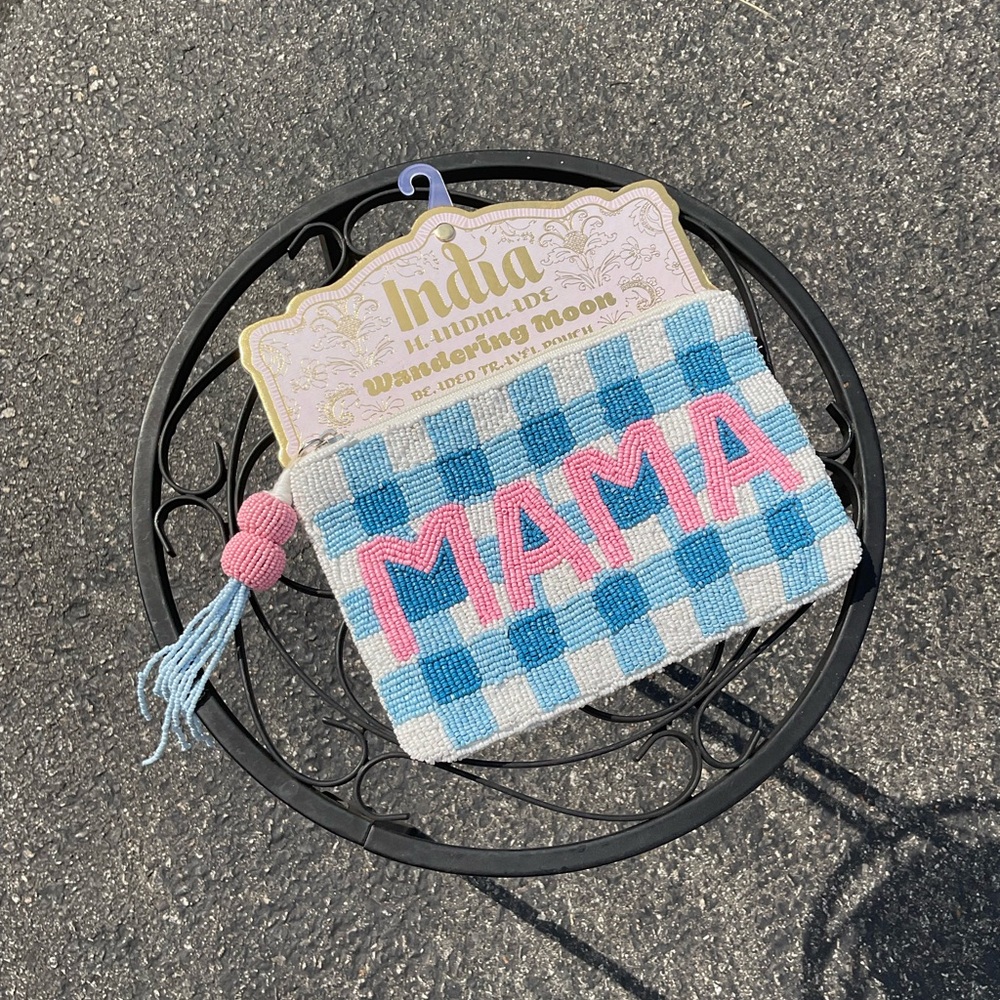 India Handmade Beaded Pink and Blue MAMA Mini Bag